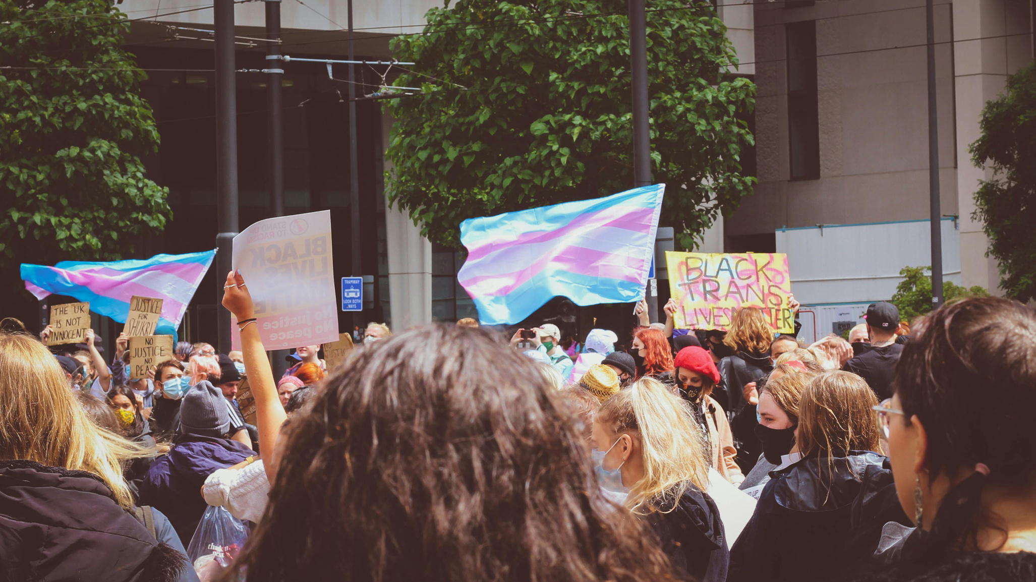 a crowd of people holding signs and flags in front of a building